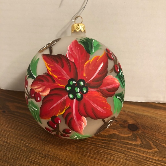 Glass Ornament 3 1/2" Hand painted Poinsettias - Picture 1 of 3
